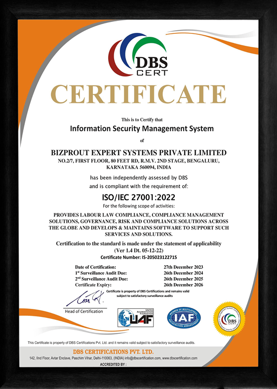 BizproutX Expert Systems ISO/IEC 27001:2022 certificate issued by DBS Certifications