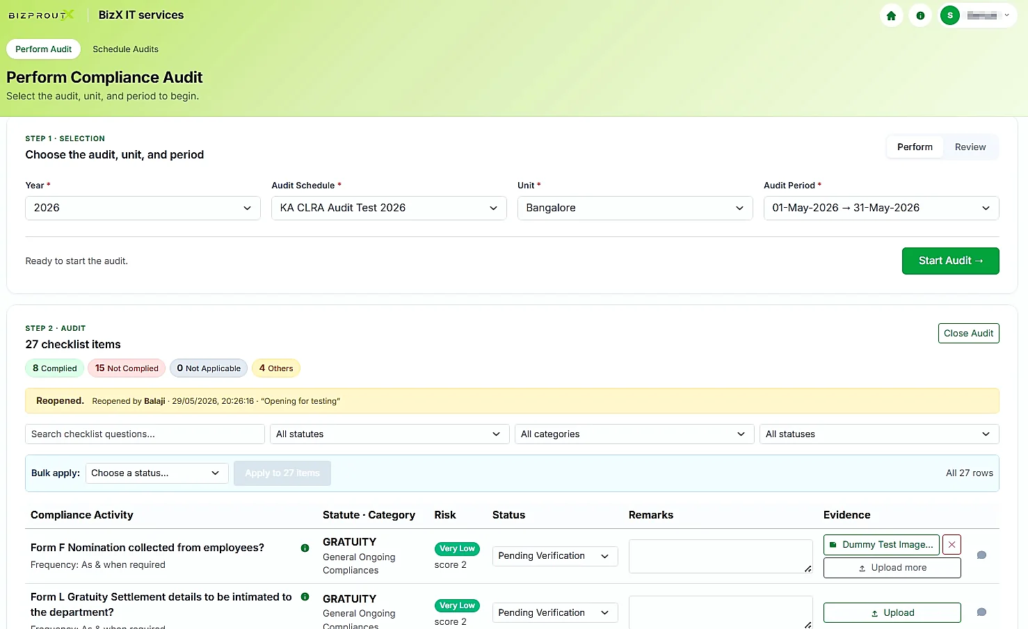 Guided compliance audit workflow with checklist and evidence upload