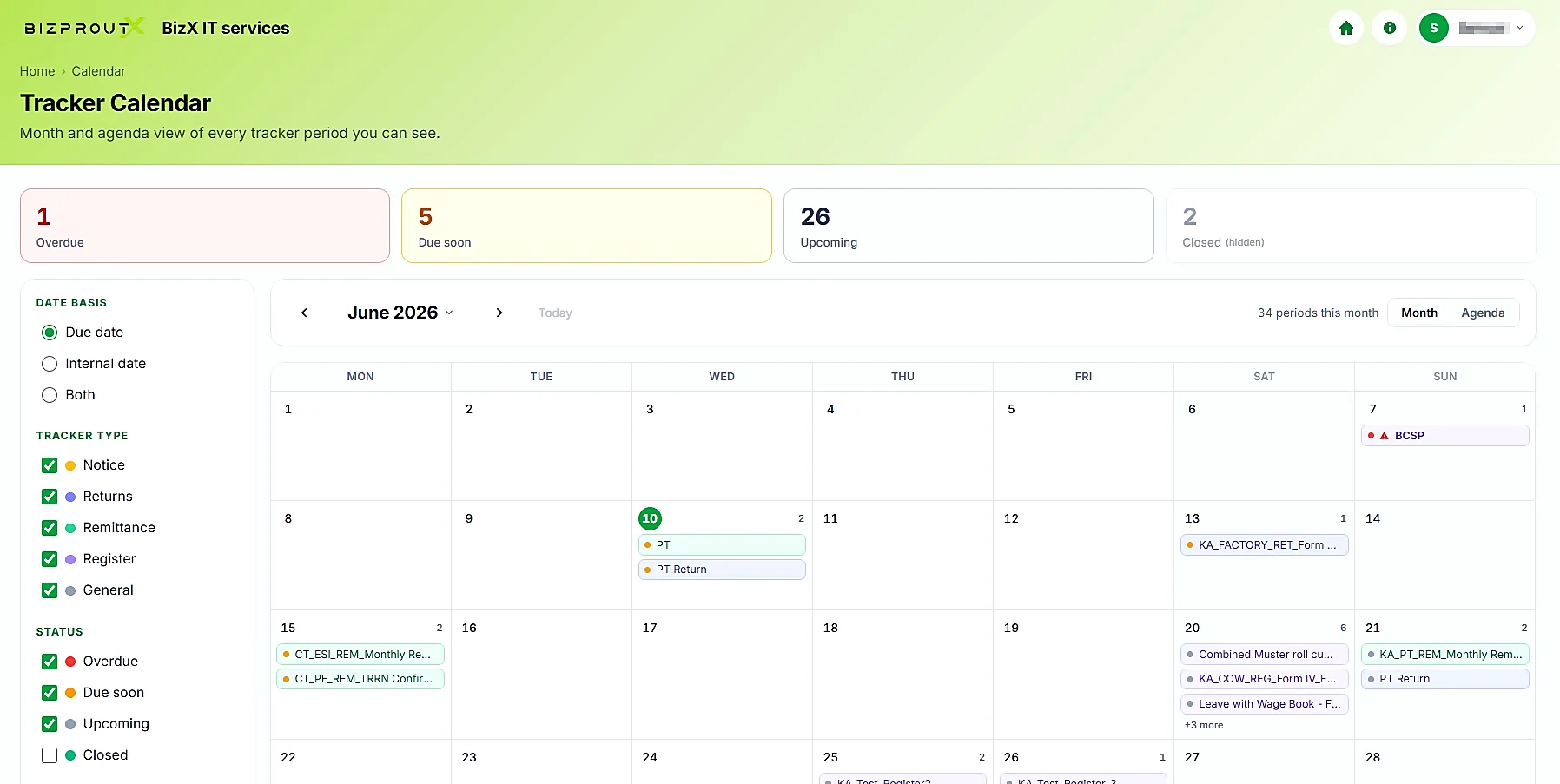 Compliance tracker calendar with month and agenda views