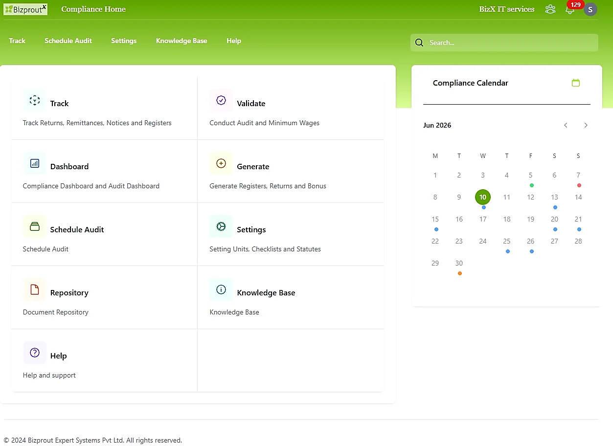 BizproutX LLC module launcher with compliance calendar