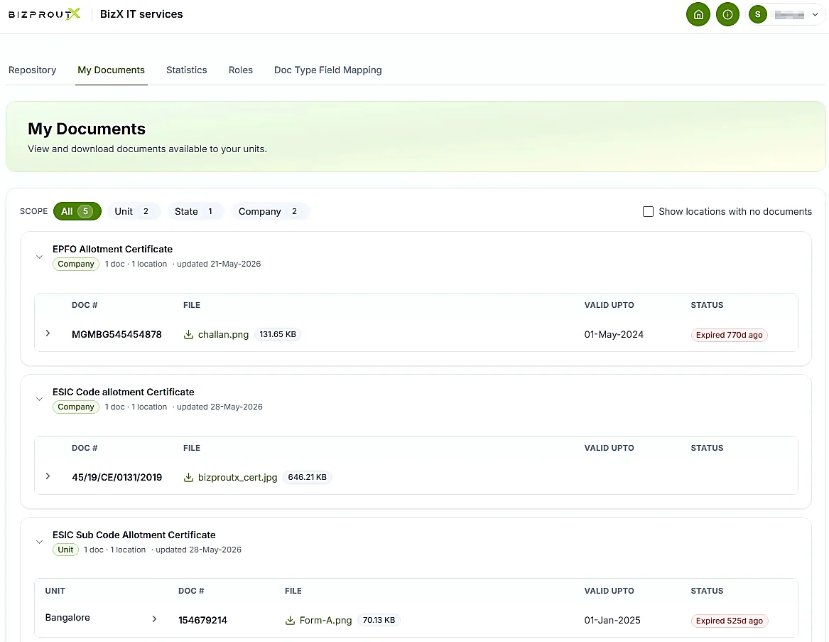 Document repository with validity and status tracking